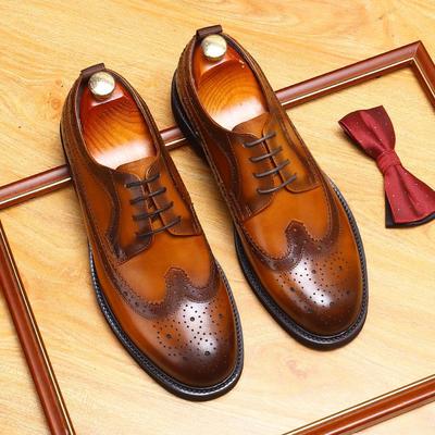 Brytyjski Styl Męskie Skórzane Buty Brogue z Okrągłym Noskiem - Casualowe Buty na Grubej Podeszwie dla Pana Młodego na Ślub