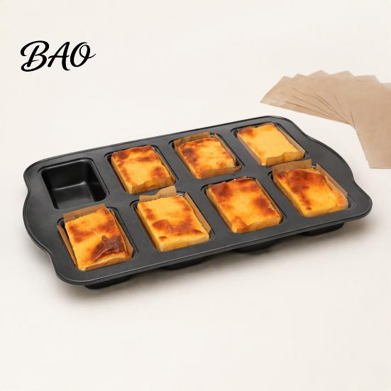 Durable Carbon Steel Bakeware for Home 8-Cavity Mini Loaf Baking Pan Set with 200Pcs Parchment Liners, Precut Unbleached Paper Nonstick Rectangle