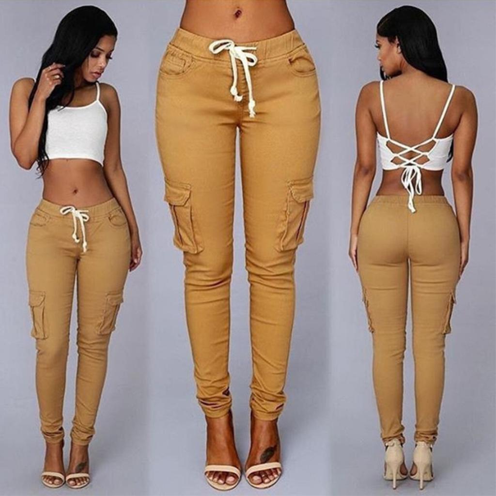 Damen Mid-Rise Tunnelzug Skinny Hosen Schmal Geschnittene Bleistifthosen Streetwear Lässige Lange Hosen