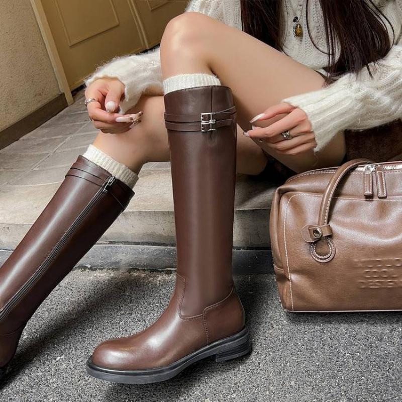 Autumn and winter women's leather boots leather side zipper large size women's boots cowhide Martin boots new mid-heel platform high boots