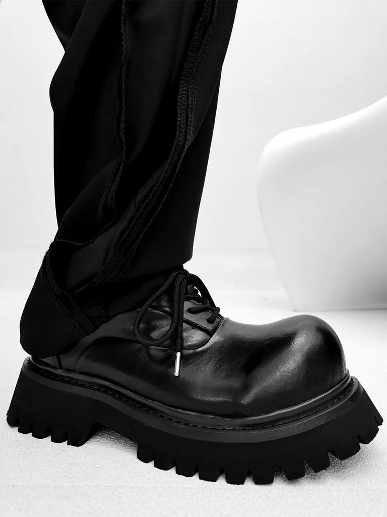 Round Toe Derby Men's women Thick Bottom Extra Height Black Leather Shoes High-Grade British Ins Big Head Shoes