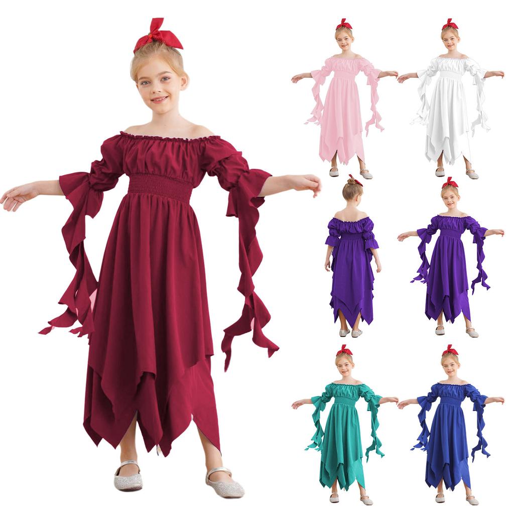 Girl's Renaissance Halloween Fancy Dress Costume Cold Shoulder Smocked Irregular Hem Dresses