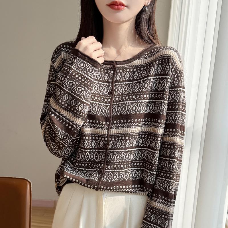 Petite A-line Casual Long-Sleeved Jacquard Knit Cardigan for Autumn/Winter 2026