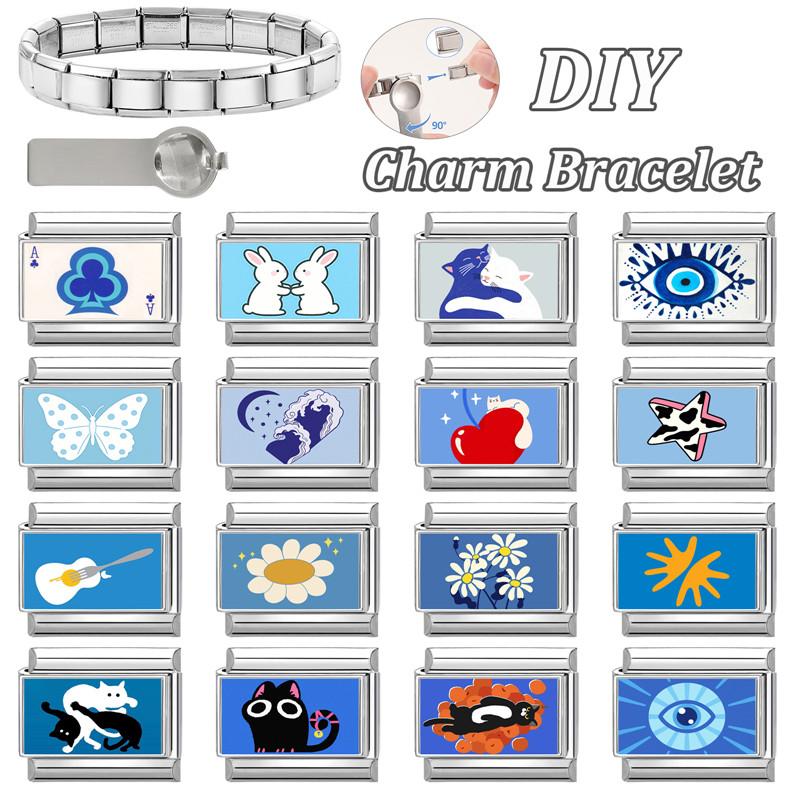 Neue Mode Augen Katzen Sonnenblume Gitarre Stern Schmetterling Italienischer Charm Glieder Passend für 9mm Edelstahlarmband DIY Schmuckherstellung