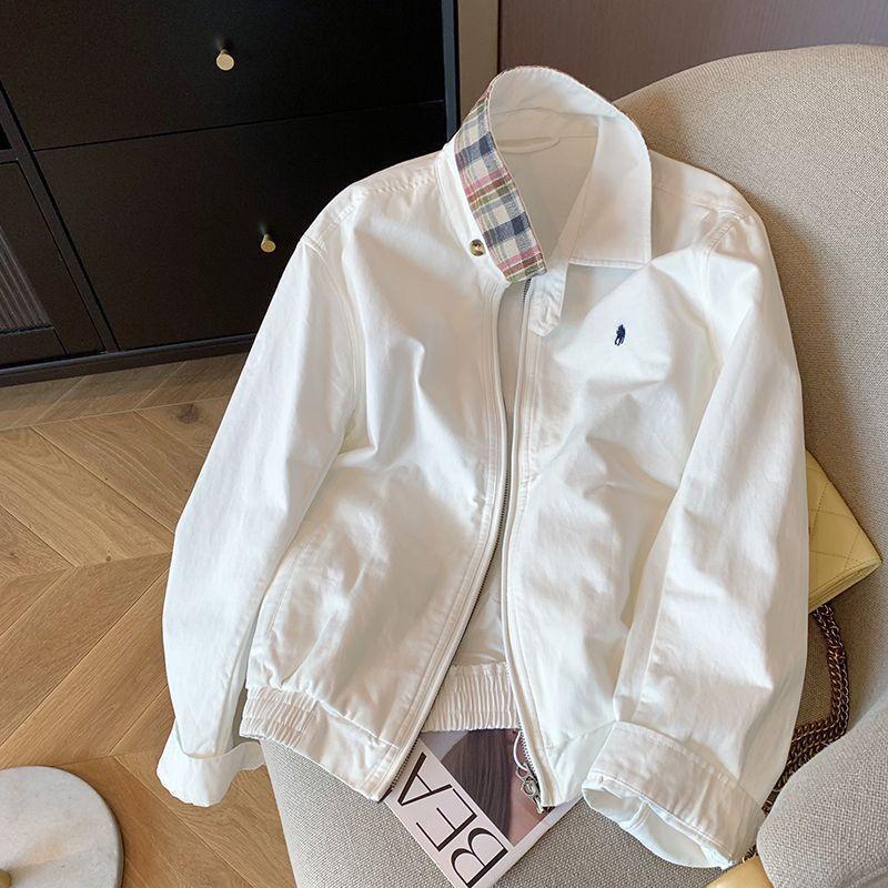 

Американская вышивка хаки воротник поло короткое пальто женское осень зима новый ретро повседневный стиль Ins тонкие топы модные белые куртки уличная одежда XL белый