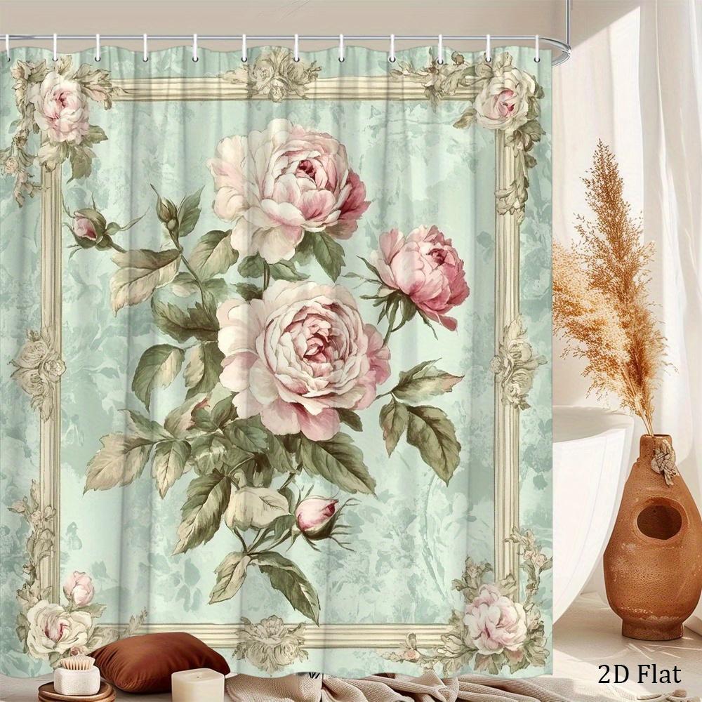 Decorative Botanical Floral Shower Curtain Peony Rose Print Waterproof Bathroom Liner Vintage Cottage Style Elegant Bathroom Dec