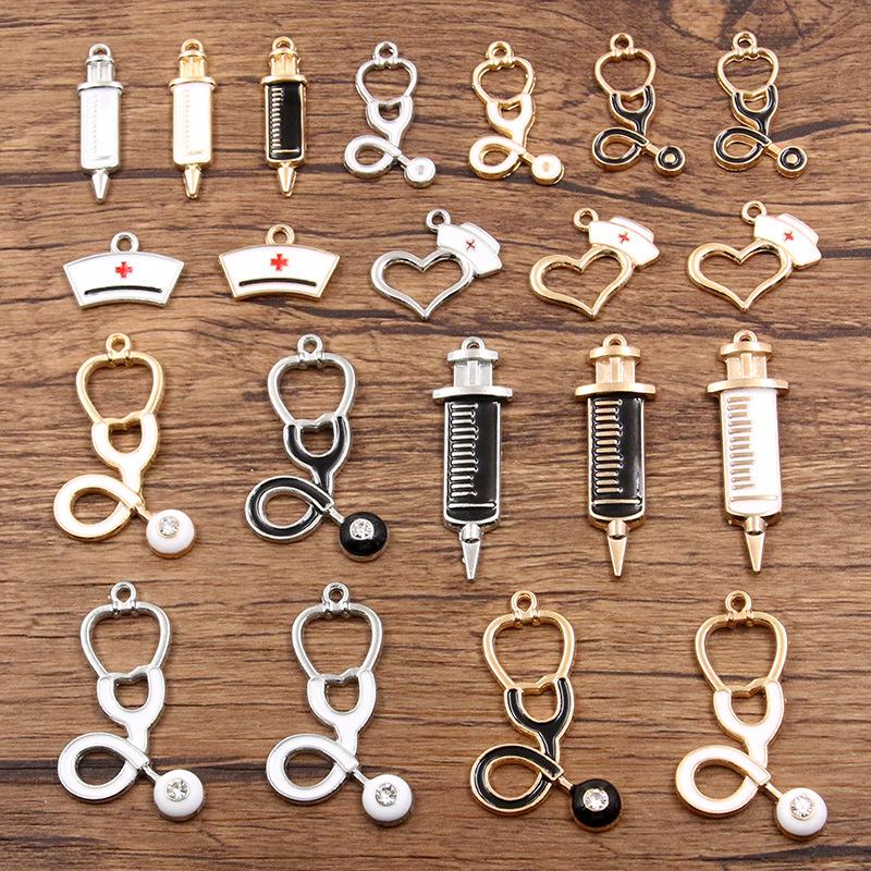 6 Style Medical Charm Jewelry: Drip Oil Stethoscope, Syringe, Heart Pendants in 2 Base Colors