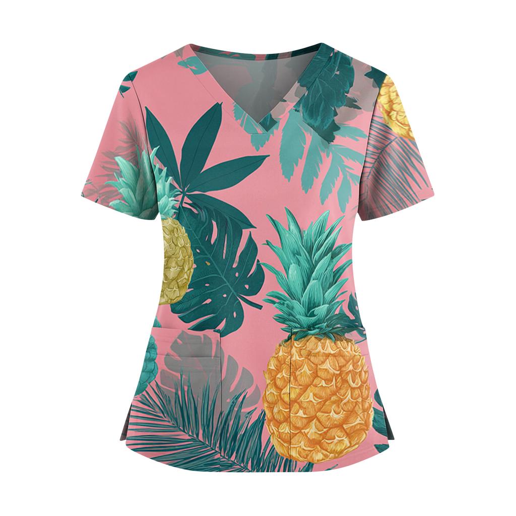 Women's Hawaiian Print V-Neck Double Pocket Short Sleeve Uniform/ Top