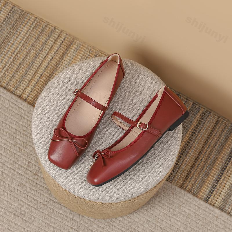 Fashion Large Size Women's Ballet Shoes Autumn Square Toe Soft Sole Bow Knot Mary Jane Shoes Elegant Luxury Fashion Buckle Strap Flats