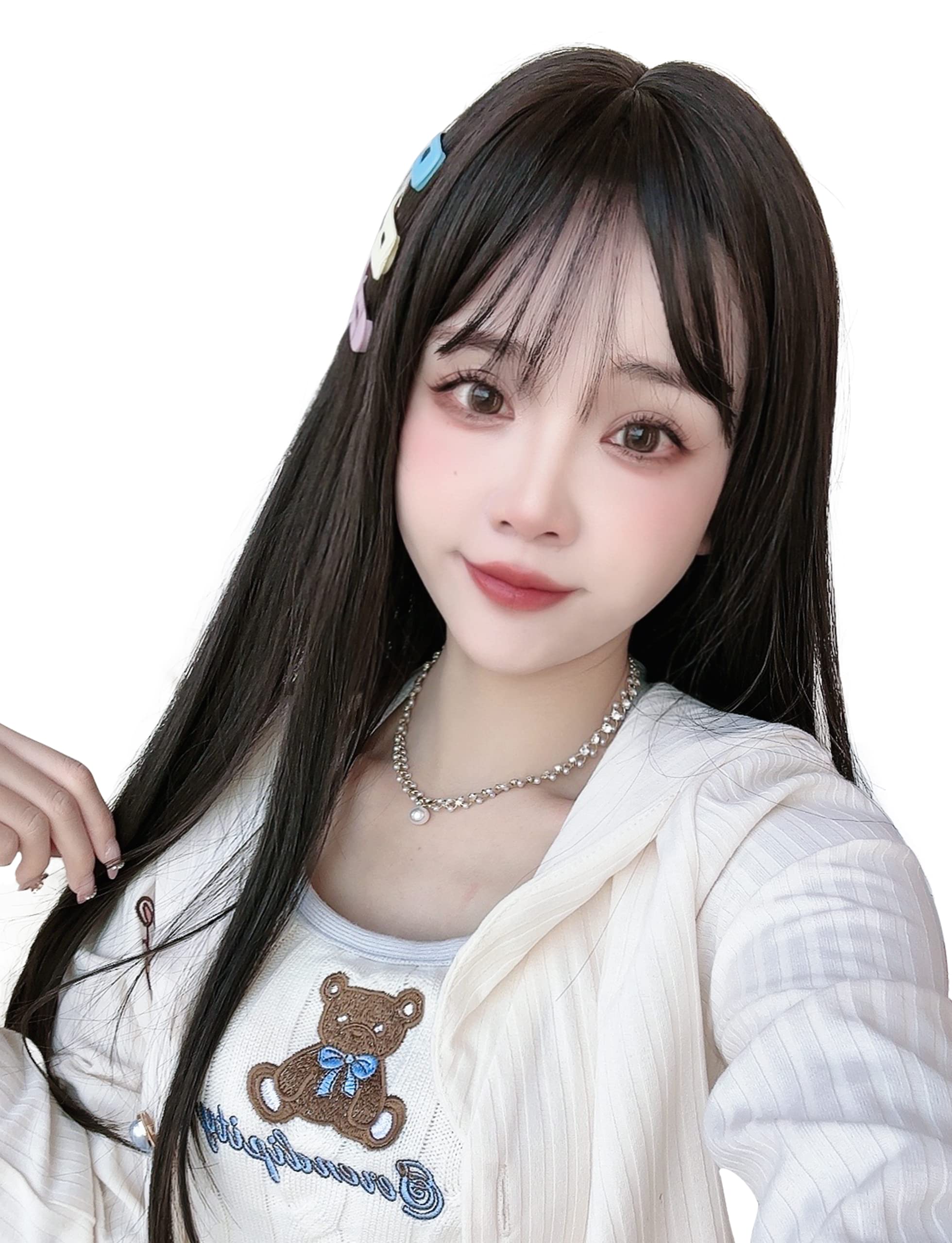 

длинный прямой полный Harajuku маленький термостойкий парик, парик, парик, переодевание, милый, натуральный, стиль, лицо, (ZF01_черный коричневый)