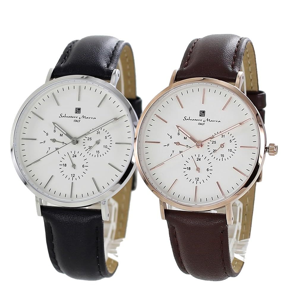 Pair Watch Set with Storage and Same Date Black and Brown Leather [Salvatore Marra] Box, Men's Women's, Size, Unisex, Analog, Calendar, Strap,