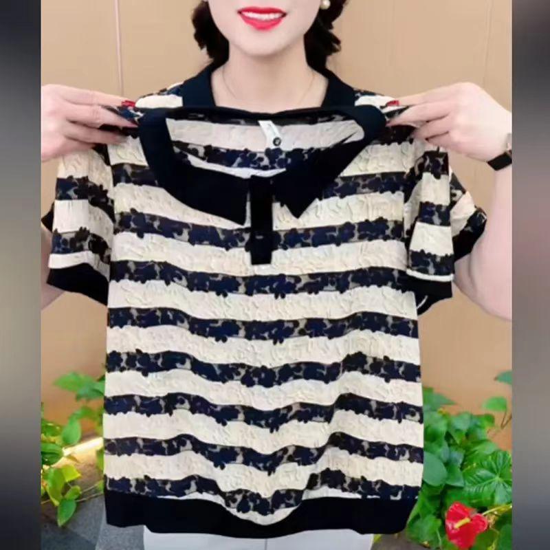 

Mom s Striped Turn-Down Collar T-Shirt: Slimming Blouse for Middle-Aged & Elderly Women, 2025 Summer Short-Sleeve Fashion. M