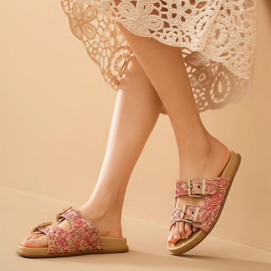 Fashion Women's Woven Slide Sandals With Double Gold Buckles Open Toe Flat Slippers Summer Beach Shoes Trendy Casual Outdoor Footwear