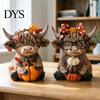Highland Cow Figurine 2PCS Autumn Ornament, Thanksgiving Day Theme Wooden Decoration, with Fall Home Accessories Exquisite Details Figurine,