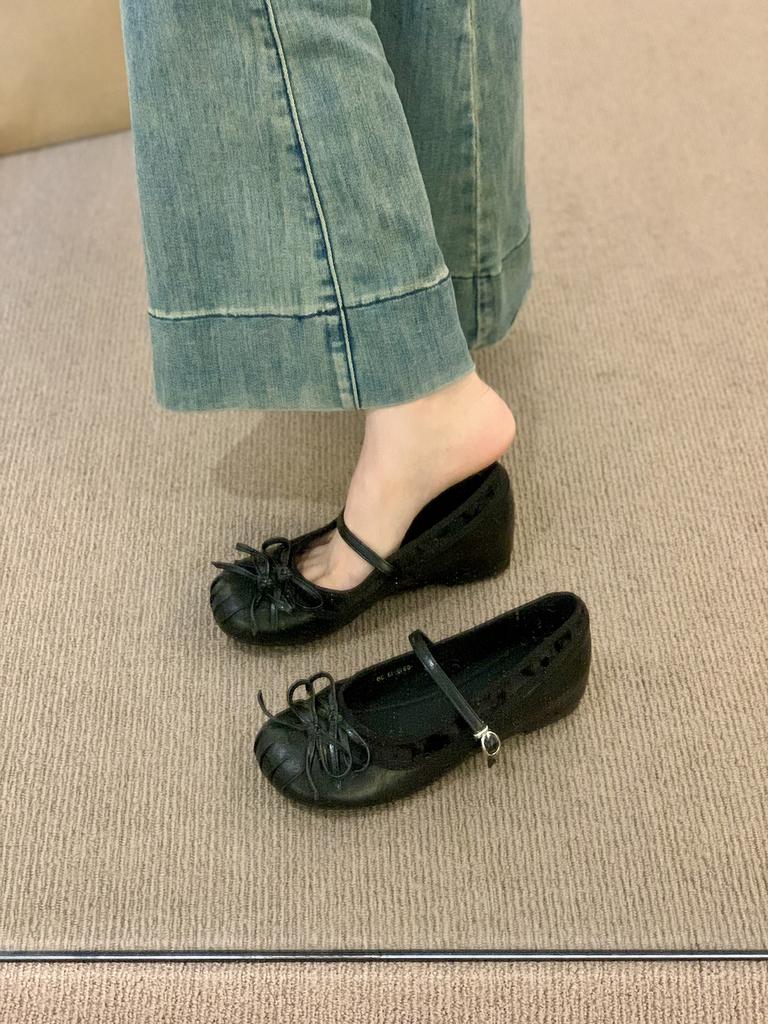 Silver bow round head ballet shoes women's 2025 spring and autumn new bow single shoes inner height increase Mary Jane shoes