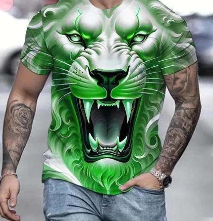 Men s best-selling trendy men s full lion pattern printed short-sleeve shirt XXS