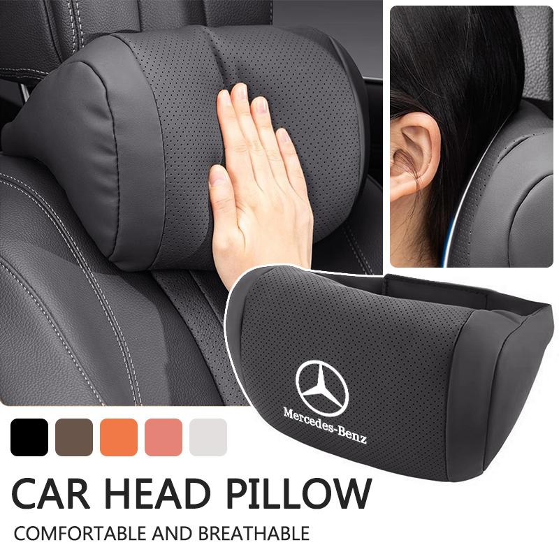 PZQ2 Napa Leather Car Headrest Auto Logo Seat Neck Pillow Head Support Breathable For Mercedes Benz AMG W205 W168 W213 W210 W222 CLK