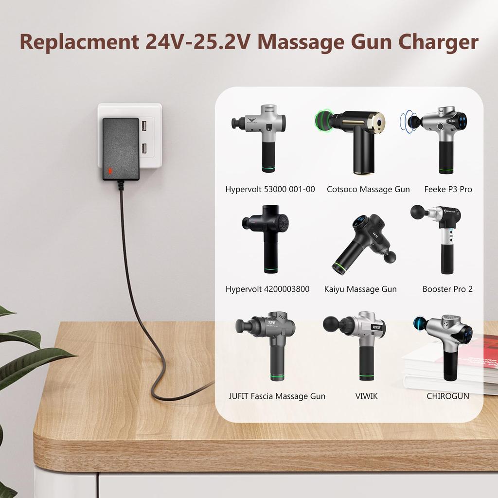 Cordon de chargement de remplacement 24V-25.2V 1A pour pistolets de massage Hypervolt, Hyperice, Toloco, Feeke, Booster Pro, Cotsoco et JUFIT. Compa