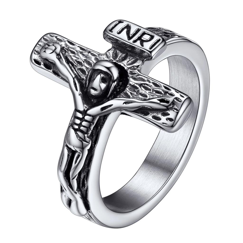 3D Jesus INRI Cross Rings for Man Woman Size 7-12 Stainless Steel Vintage Religious Christian Signet Ring Jewelry Gift