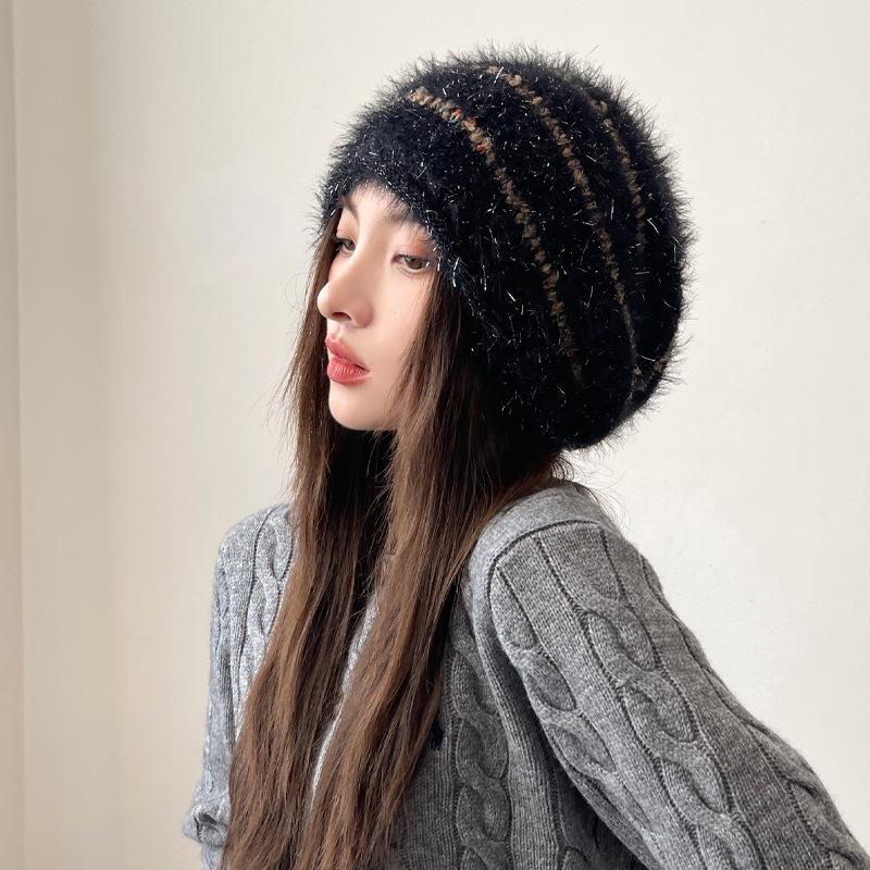 Korean Version of Women's Autumn and Winter New Knitted Wool Hat Fashionable and Versatile Bright Plush Hat Winter Warm Pullover Hat