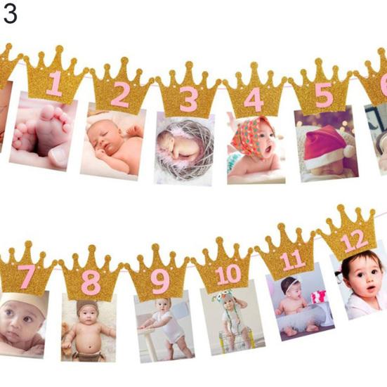 1st Baby Birthday Party Glitter Crown Monthly Photo Banner 1-12 Months Garland