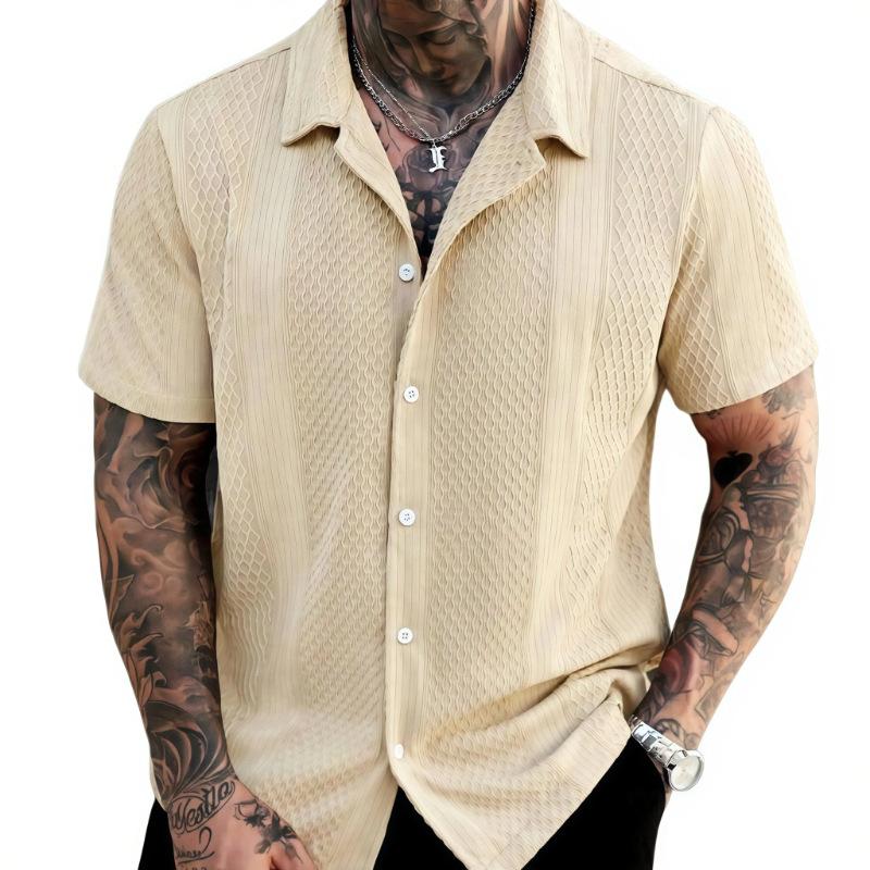 Summer Popular Men's Short-sleeved Shirt Solid Color Knitted Hollow Lapel Breathable Top