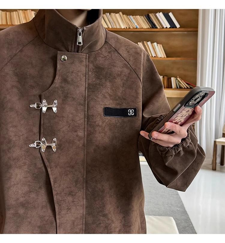 Men's Stand Collar PU Leather Jacket with Metal Buckle - Retro Tie-Dye Style for Spring & Autumn