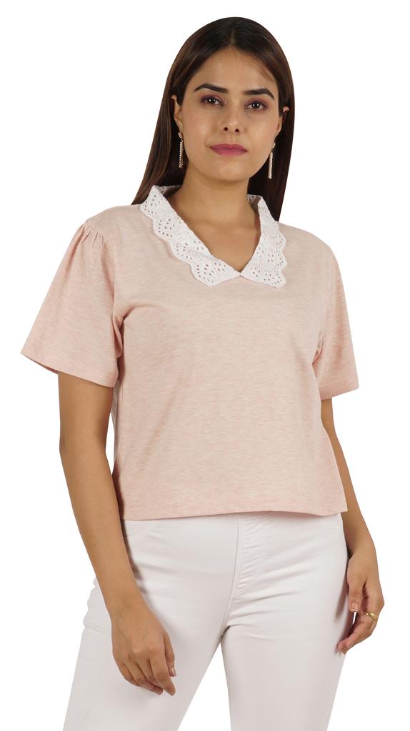 Moomaya Dámský top s krajkovým límečkem Petra Pana, hladký žerzejový krátký ležérní T-shirt