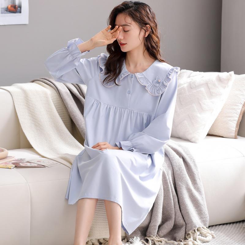 

Весенняя ночная сорочка в стиле принцессы женская весенне-осенняя из чистого хлопка с длинным рукавом, милое осеннее платье-пижама M