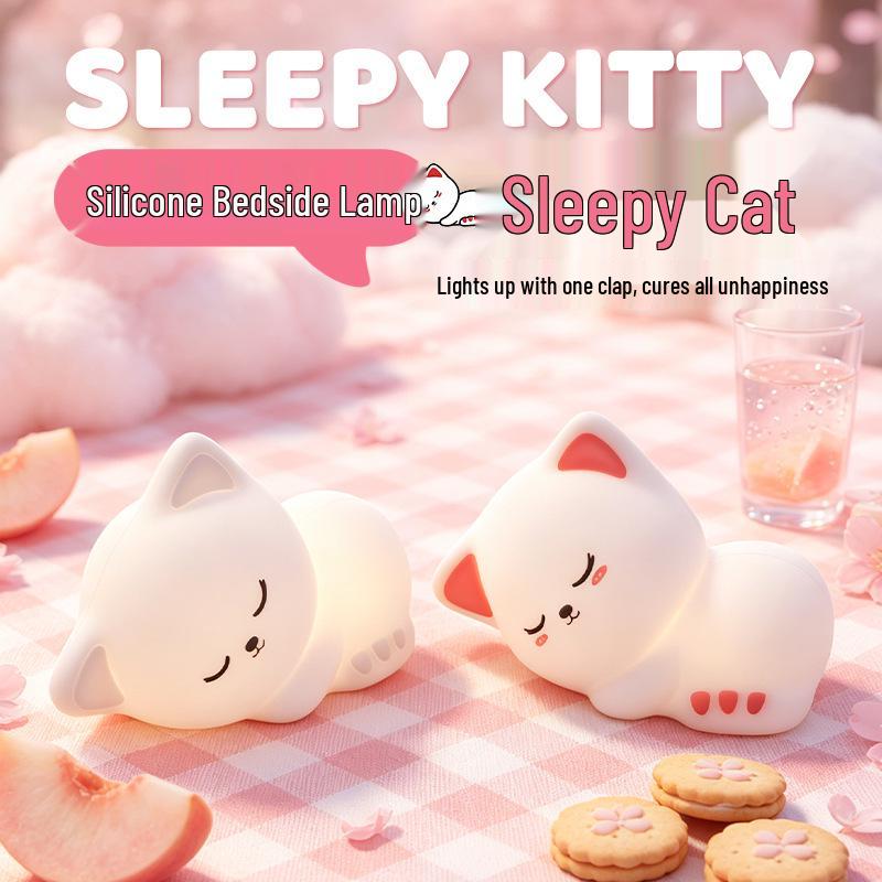 Schläfrige Katze Silikon-Nachtlicht - Weiches Licht, Augenschonend, Tipp-Steuerung, Timer-fähig Schlafzimmer-Begleiter.