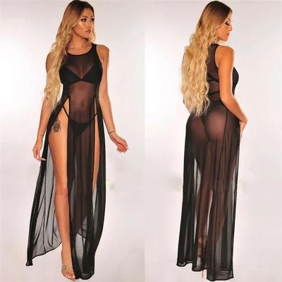 Summer Sexy Mesh Sheer Long Dress for Women Bikini Cover Up Beach Sundress Solid See-through Sleeveless Strap Beach Dress