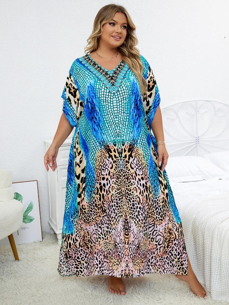 EDOLYNSA Blue Leopard Print Women's Kaftan Oversized Bohemian Printed Long Dress Lounge Snazzy Boho Party House Dress Summer Wear Q1415