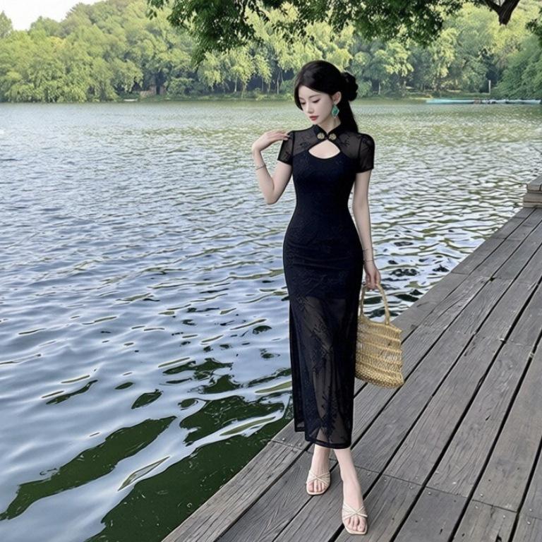 New Chinese-style improved cheongsam dress femininity slim and thin sexy split waist long evening dress skirt