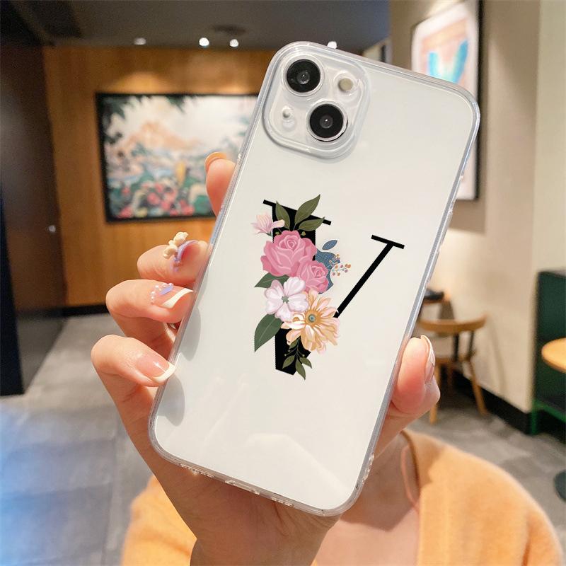 

Для iPhone 15 16 14 13 12 mini 11 Pro Max XS X XR SE 7 8 Plus Силиконовый Прозрачный Чехол Цветочные Буквы S Роскошный Чехол для Телефона iPhone 11