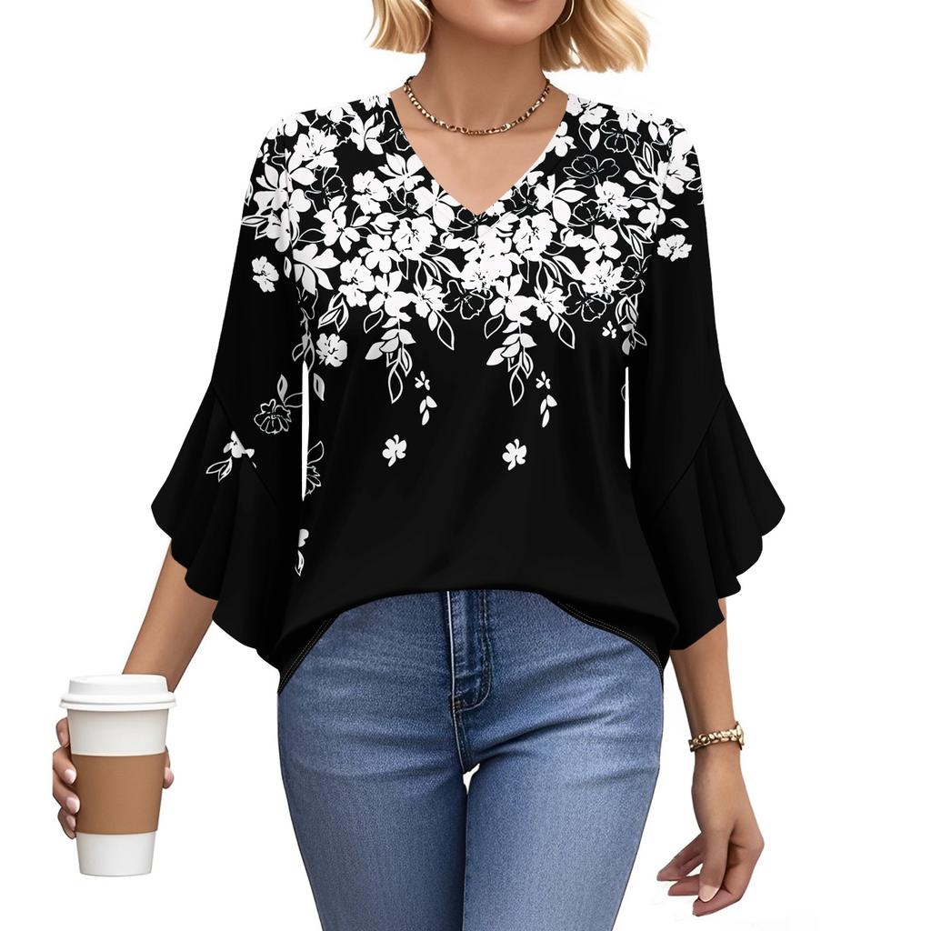Blouses For Women Dressy Casual 3/4 Length Sleeve Womens Tops V Neck Tshirts Shirts With Flared Sleeve