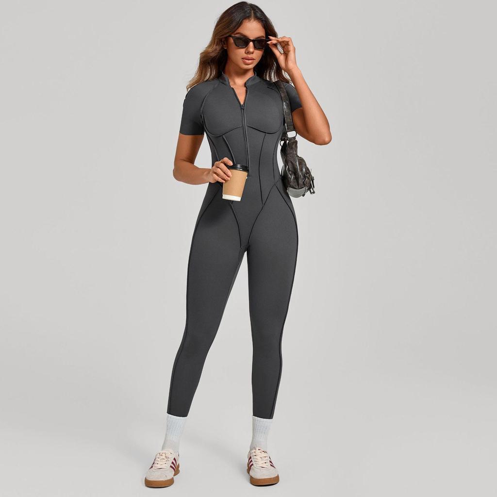 Women's Short-Sleeve Half-Zip Tummy-Control Yoga Jumpsuit