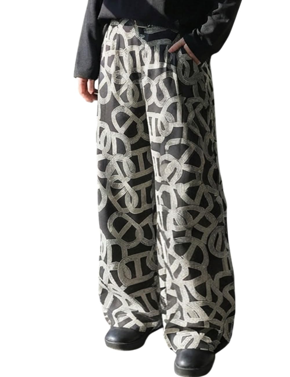 Antiqua Geometric Print Wide Leg One Size Pants, Women s, PA-03880, 05, Black,