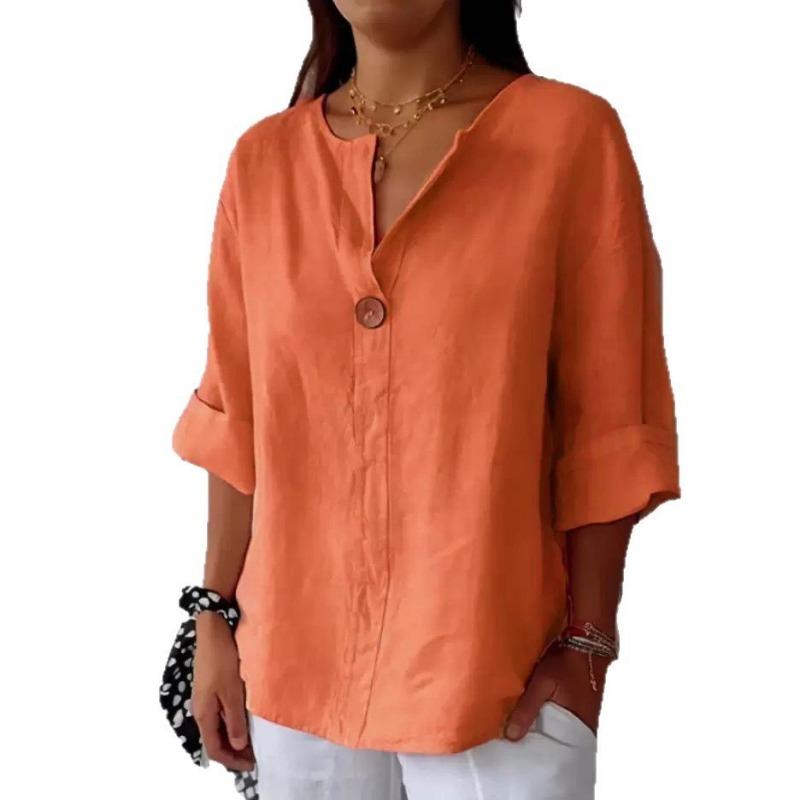 Summer Loose T-shirt for Women V-neck Cotton Linen Button Up Top for Women Shirt