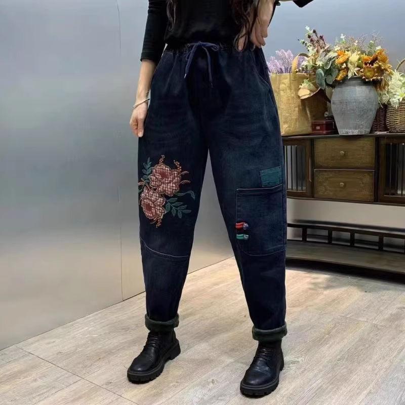 

Летние брюки харен для женщин, джинсы с вышивкой и пэчворком, эластичная талия 2XL