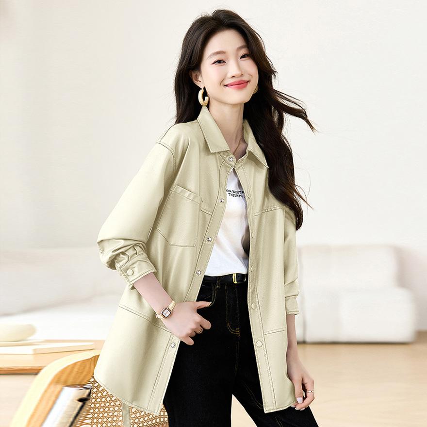 

Модная свободная и тонкая кожаная куртка женская средней длины весенне-осеннего дизайна в гонконгском стиле, ретро, с поясом, подчеркивающая темперамент, кожаный тренч 2XL светло-зеленый