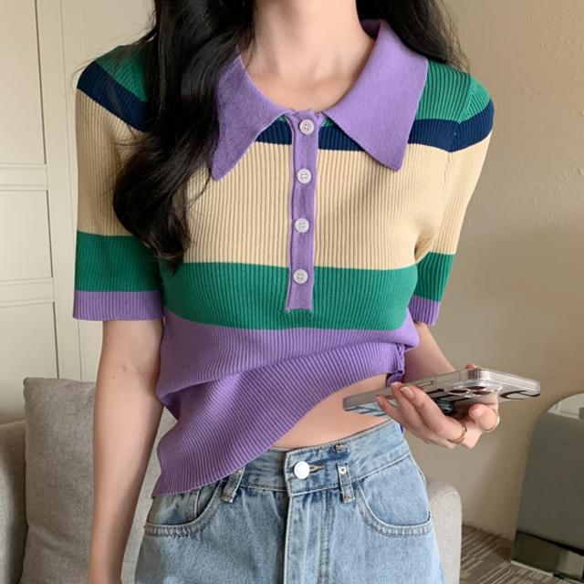 Větrný studentský super horký barevný pletený svetr s POLO límcem nadměrné velikosti dámské letní tričko s krátkým rukávem