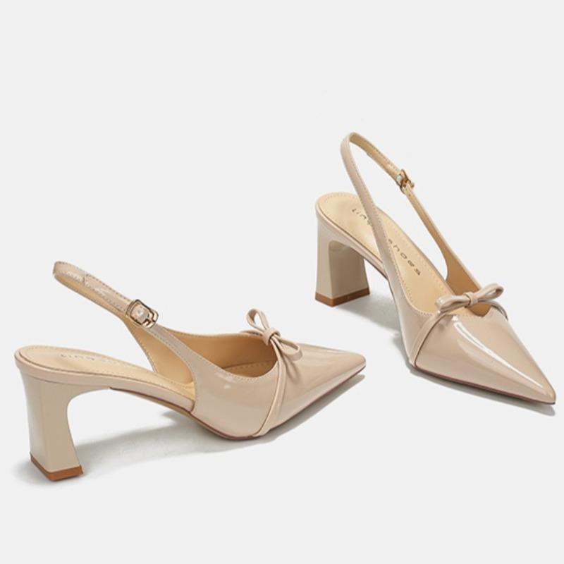 

Женские новые босоножки с острым носком 2025 лето бант люксовый бренд сексуальная пряжка высокий каблук слинбэк туфли Мэри Джейн с мелким вырезом для девочек 35 абрикосовый