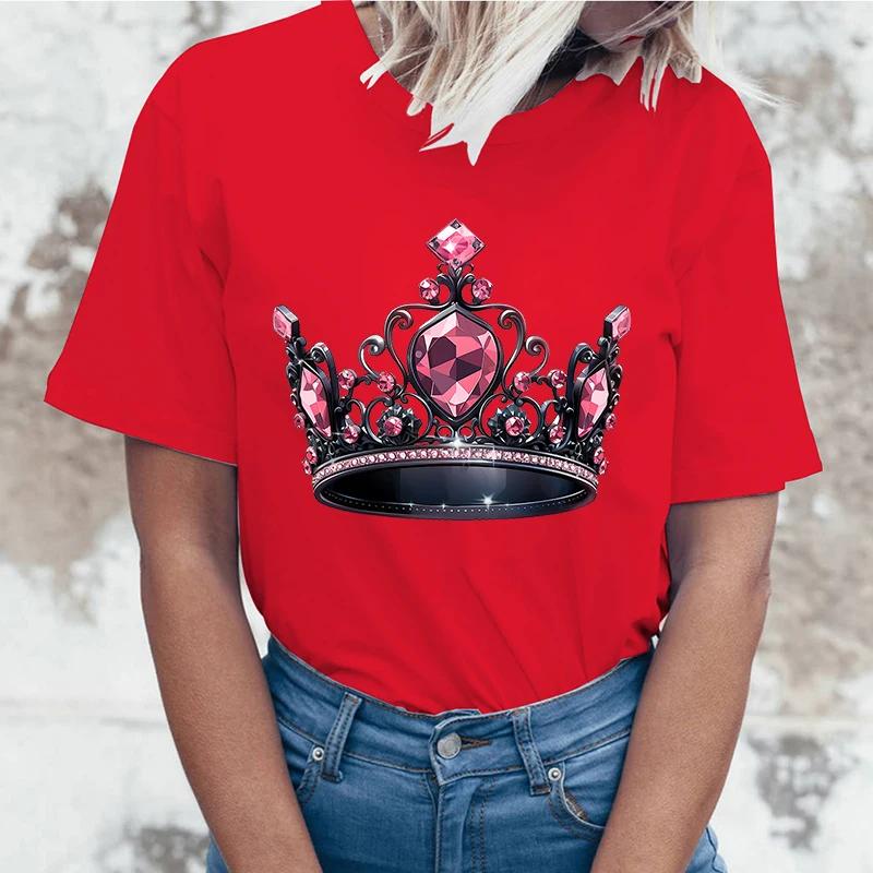 Crown Letter Printed Women T-Shirts Crown Short Sleeve Shirts Summer Round Neck Tee Shirt Casual Tops