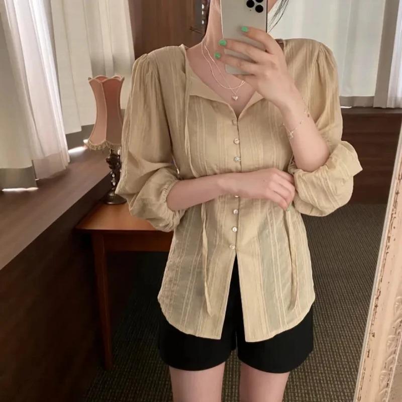 Korean Series Chic Chic Top Women Autumn French Sle Gentle Sweet Temperament Lapel Lace-up Waist Hugging Slimming Long Sleeve