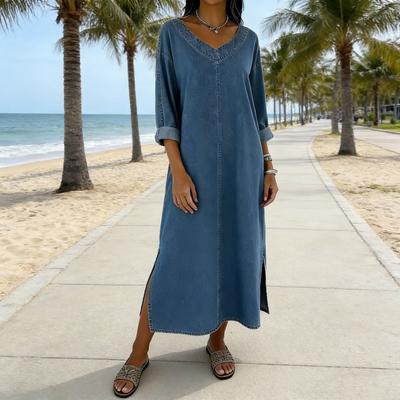 Women's Faux Denim Maxi Dress V Neck 3/4 Sleeve Loose Long Dress Casual Summer Beach Vacation Sundress