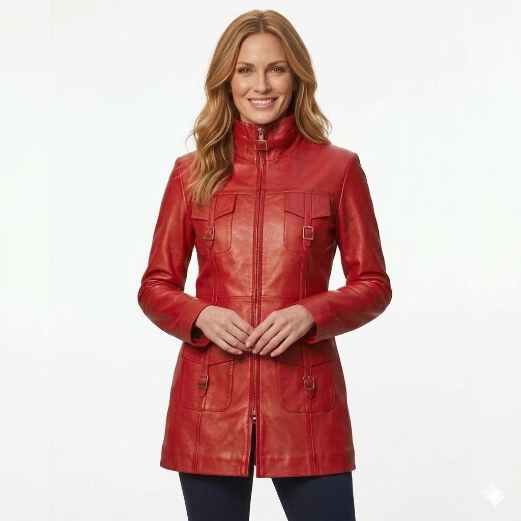 Women s Handmade Trench Coat Genuine Stylish Real Lambskin Leather Wear Red Fit S