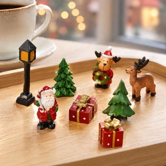 Christmas Home Decor Souvenirs 3 Pcs Miniature Figurines, Mini Resin Santa Tree Elk Gift Figurines for Village Box Figures Micro Landscape,