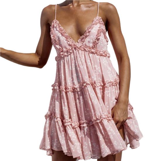 

Платье мини с глубоким V-образным вырезом на бретельках-спагетти, свободным подолом и цветочной кружевной отделкой, женское, уличная одежда M розовый