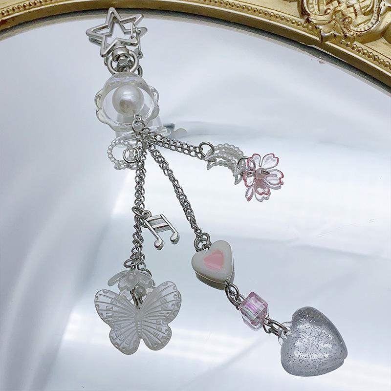 Sparkling Love Butterfly Tassels Keychain Pendant Kawaii Key Chain Bag Beaded Phone Charm Chain Accessory Girls Women Jewelry