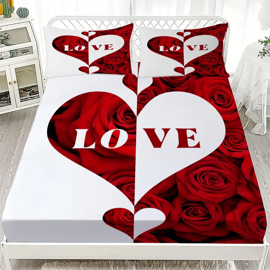 White Red Fitted Sheet Set Rose Heart Love 3D Printed 100% Polyester Mattress Covers Breathable Bedding Set With 2 Pillowcases